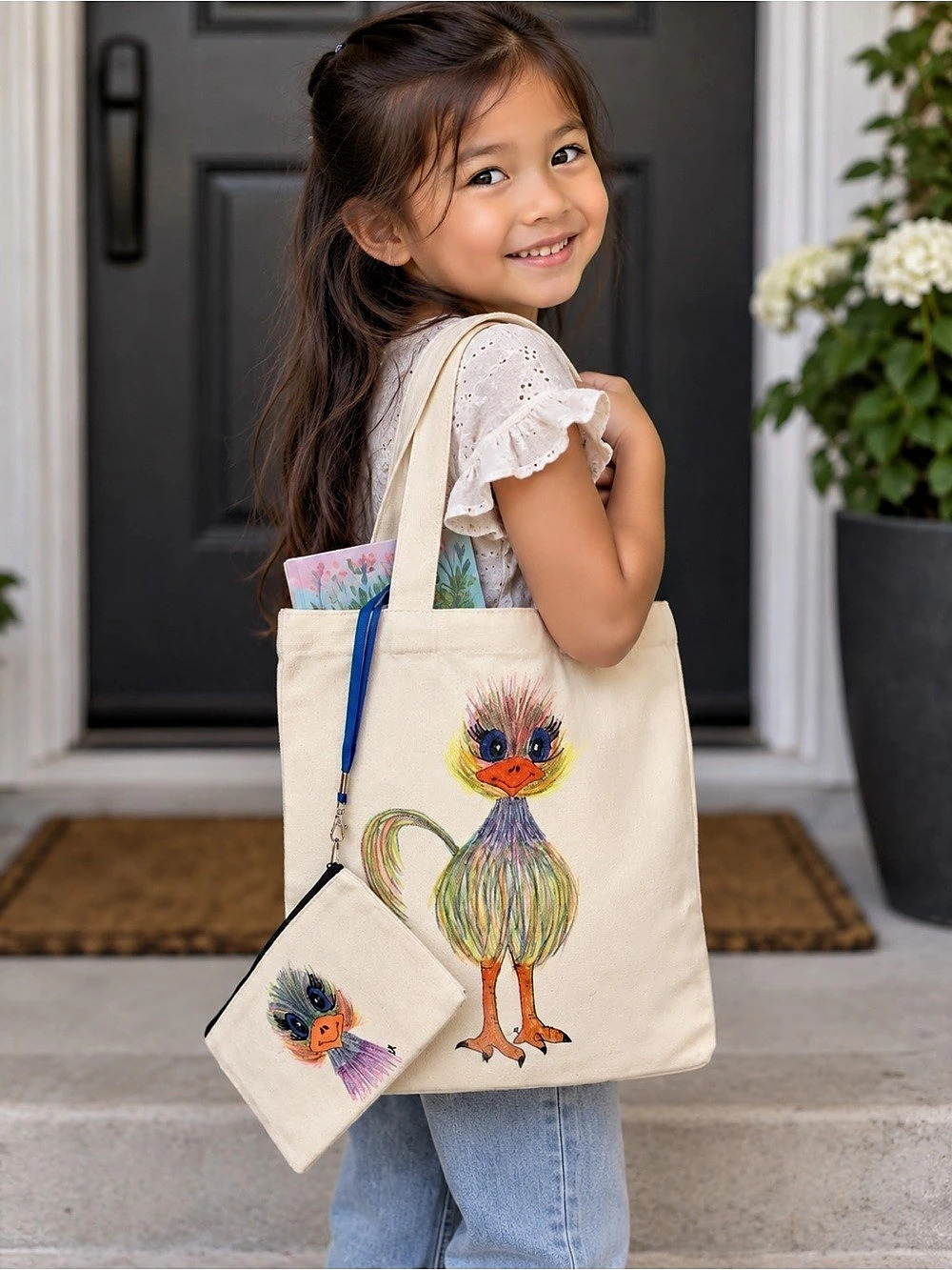Hand painted Bird Tote in Cream & Multicolor